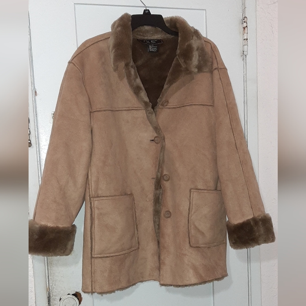 Fuda New York Coat  Jacket Womens Sz L  Tan Beige Acrylic Suede